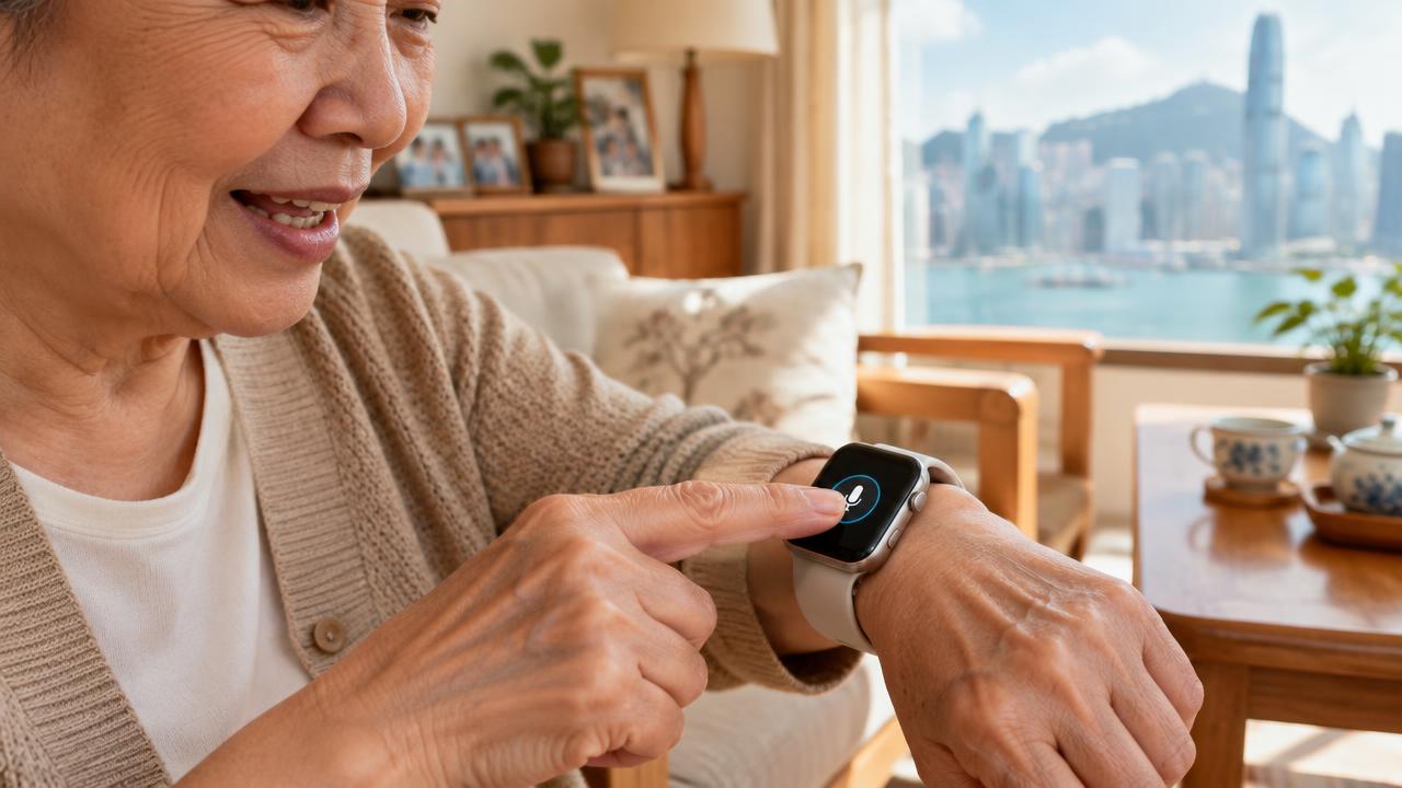 An older person pressing the talk button on a smartwatch