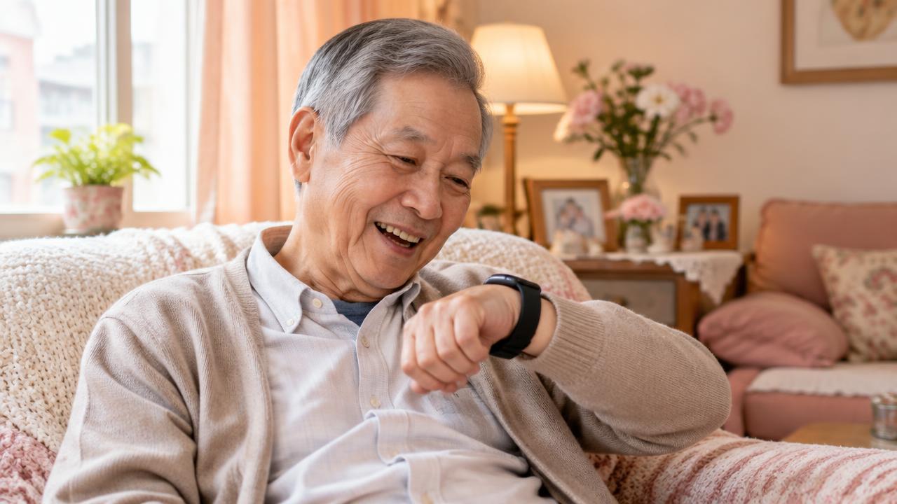 An older person laughing while listening to the watch reply