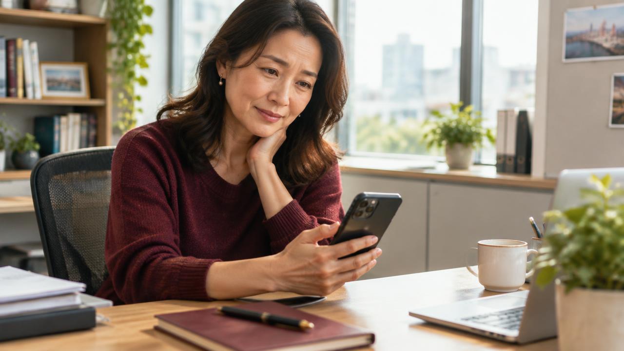 An adult child checking a phone alert at work